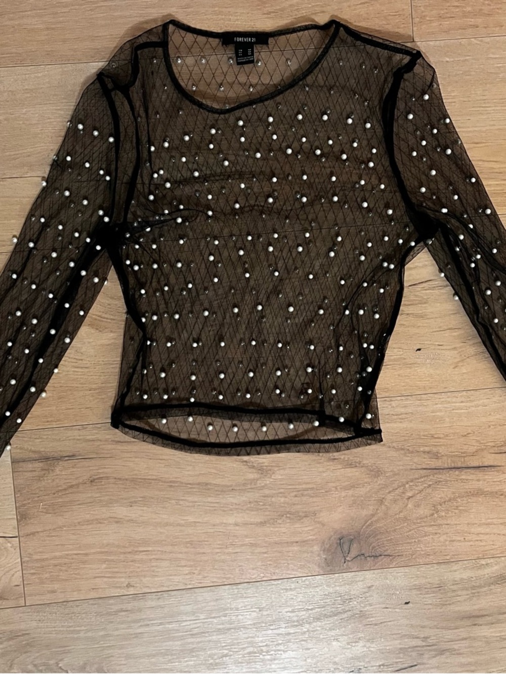 Forever 21 Black Mesh Top with Pearl & Silver Beads